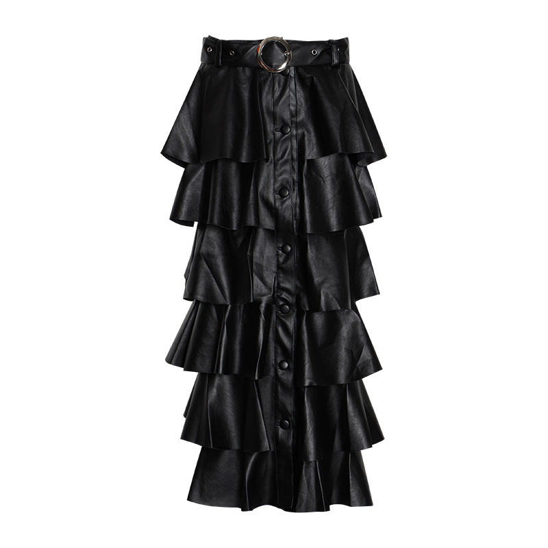 Tiered Leather Skirt High Waist Autumn Winter High Quality Faux Leather Long Maxi Skirt Women Street
