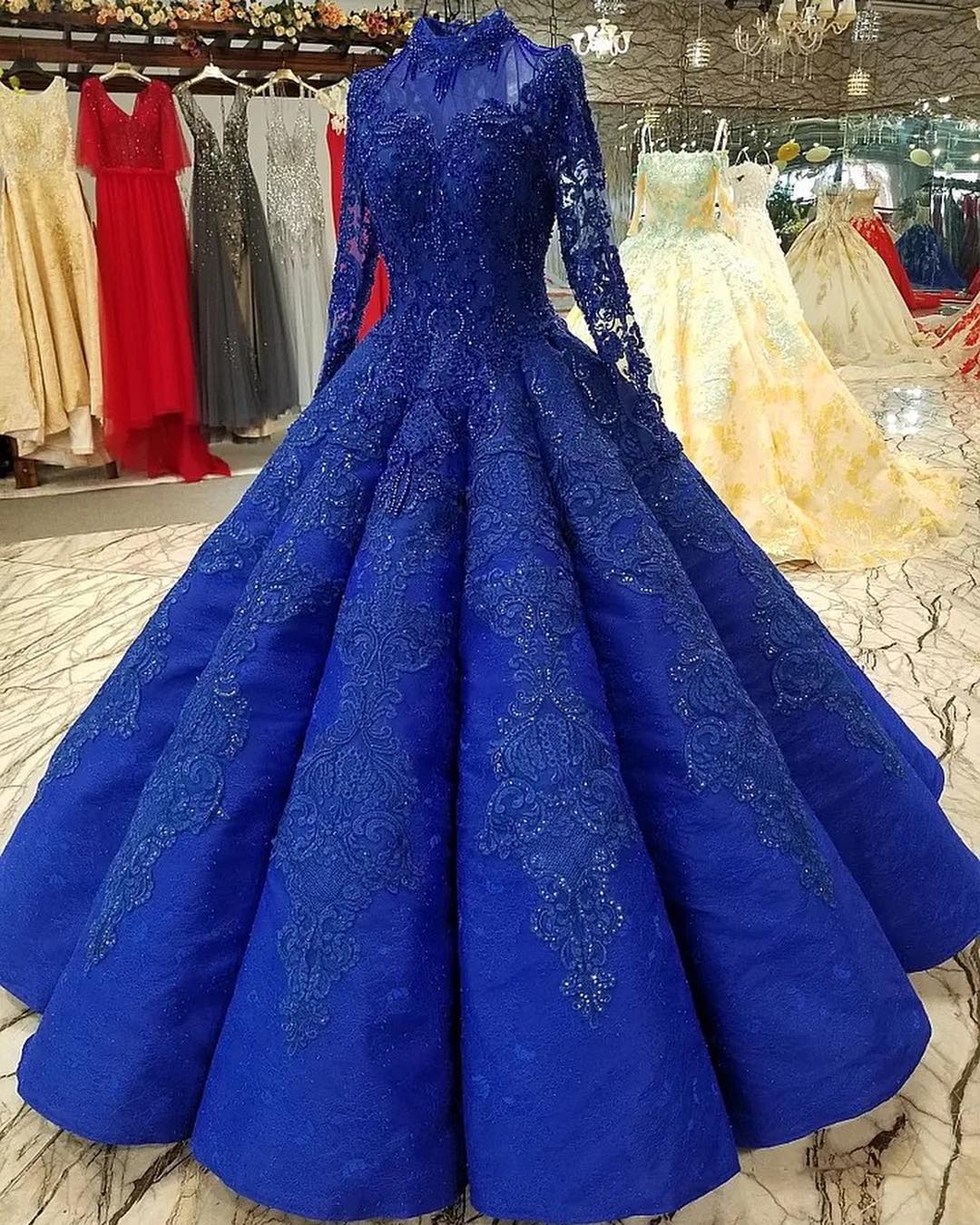 Luxury Royal Blue Prom Dresses High Neck Lace Beads Long Sleeve Ruffles Muslim Evening Gowns Plus Size Caftan Abendkleider Formal Wear
