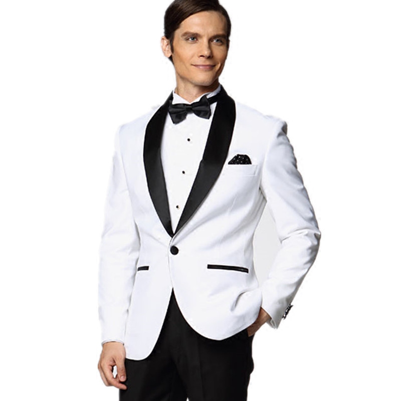 White Mens Suits With Black Shawl Lapel Two Pieces Wedding Tuxedos Custom Made Top Quality Formal Suit Groom Wear