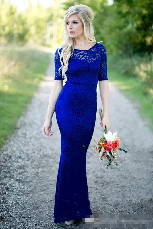 Royal Blue 2019 Lace Mermaid Bridesmaid Dresses With Short Sleeves Scoop Neck Floor Length Backless Maid Of Honor Gown For Country Wedding