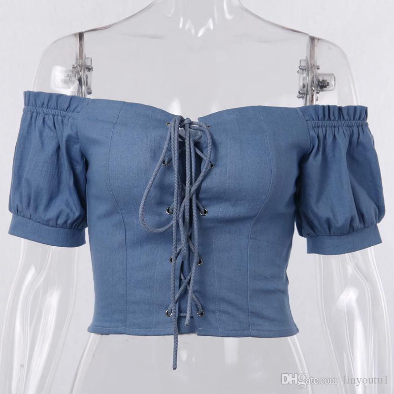 2020 Summer wild denim vest Lantern Sleeves word Shoulder sexy short jacket women's straps exposed navel T-shirt casual