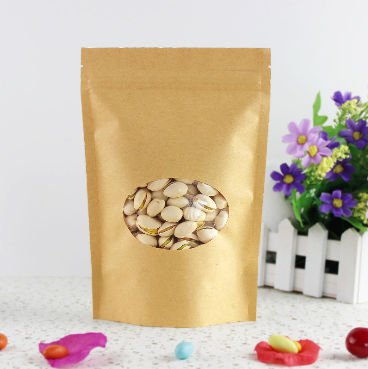 100pcs Thick Stand up Kraft Paper Clear Oval Window Zip Lock Bag Resealable Coffee Powder Snack Cereals Candy Bakery Sugar Gifts Packaging Storage Pou