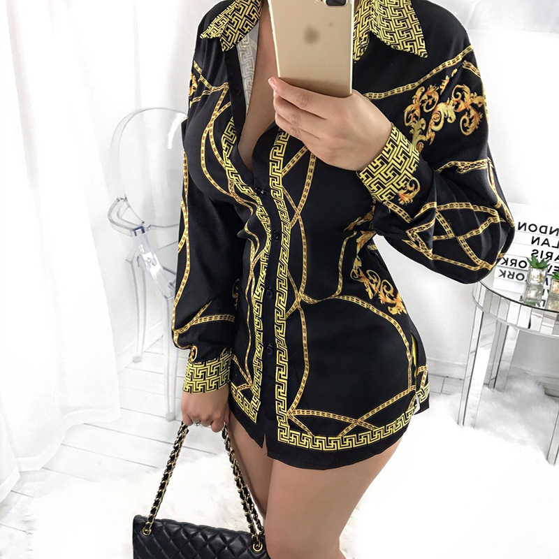 New Autumn Deep V Neck Full Long Sleeve Blouse Shirt Women Gold Chain Printed Tops Causal Female ClubWearTop Basic Shirt