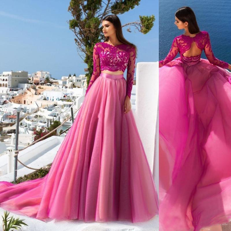 Charming Two Pieces Colorful Wedding Dresses A Line Sheer Long Sleeve Lace Appliqued Sexy Cheap Fuchsia Wedding Gowns Tulle Bridal Gowns