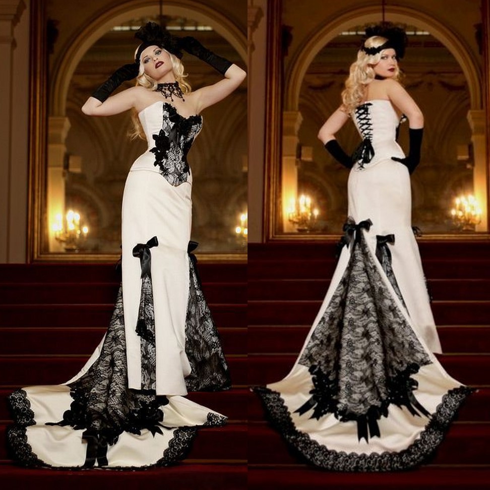 Fashion Mermaid Gothic Wedding Dresses Strapless Neck Lace Bridal Gowns With Bow Ties Plus Size Corset Satin Sweep Train robes de mariée, Water melon
Fashion Mermaid Gothic Wedding Dresses Strapless Neck Lace Bridal Gowns With Bow Ties Plus Size Corset Satin Sweep Train robes de mariée, Water melon