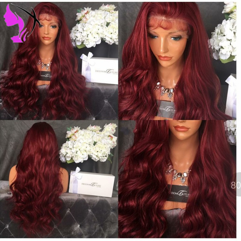 Fashion style burgundy wine red velvet wig body wave brazilian Lace Front Wigs For Women Synthetic Wig Heat Resistant Fiber Cosplay Wig
