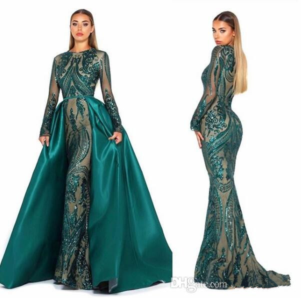 Hunter Teal Mermaid Prom Dresses with Long Sleeve 2019 Muslim Arabic Jewel Neck Detachable Train Lace Stain Formal Evening Gown