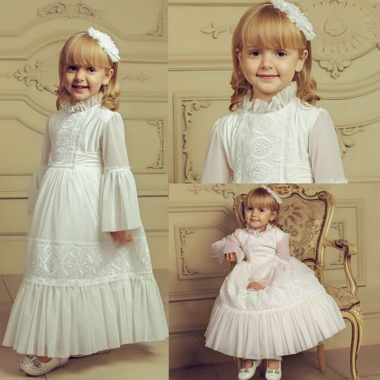 Cute Little Flower Girls' Dresses White Tulle Applique Jewel Neck Pageant Dress Ankle Length Birthday Party Wear
