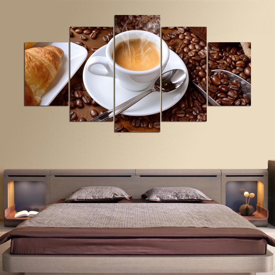 HD Printed Modular Painting Frame Canvas Poster 5 Piece Steaming Coffee Cup Pictures For Kitchen Food Home Wall Art Decor No Frame