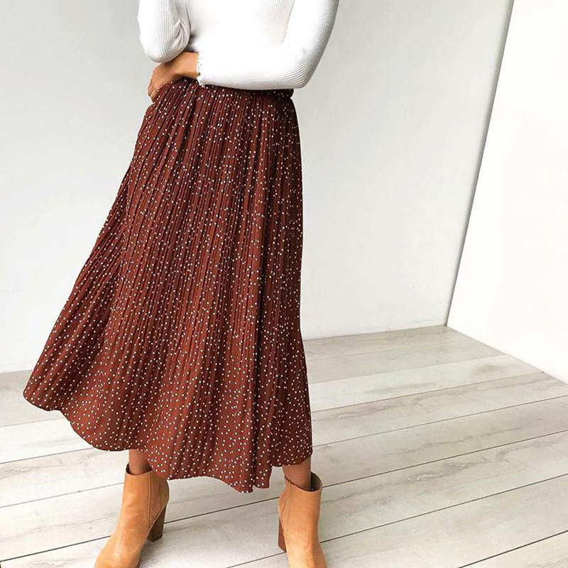White Dots Floral Print Pleated Midi Skirt Women Elastic High Waist Side Pockets Skirts Summer 2020 Elegant Female Bottom