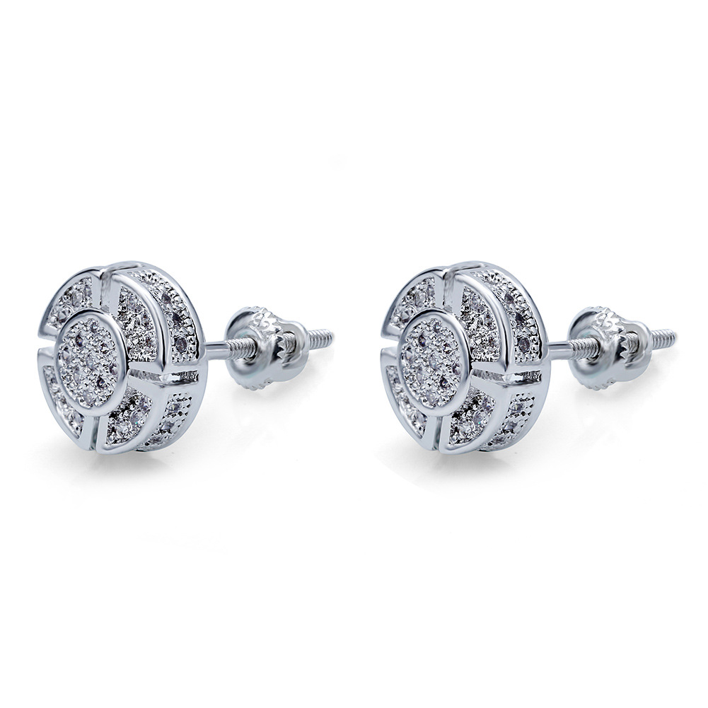 Hip Hop Round Stud Earrings Bling Full White Zircon Screw Back Gold Plated Earrings Vintage Jewelry