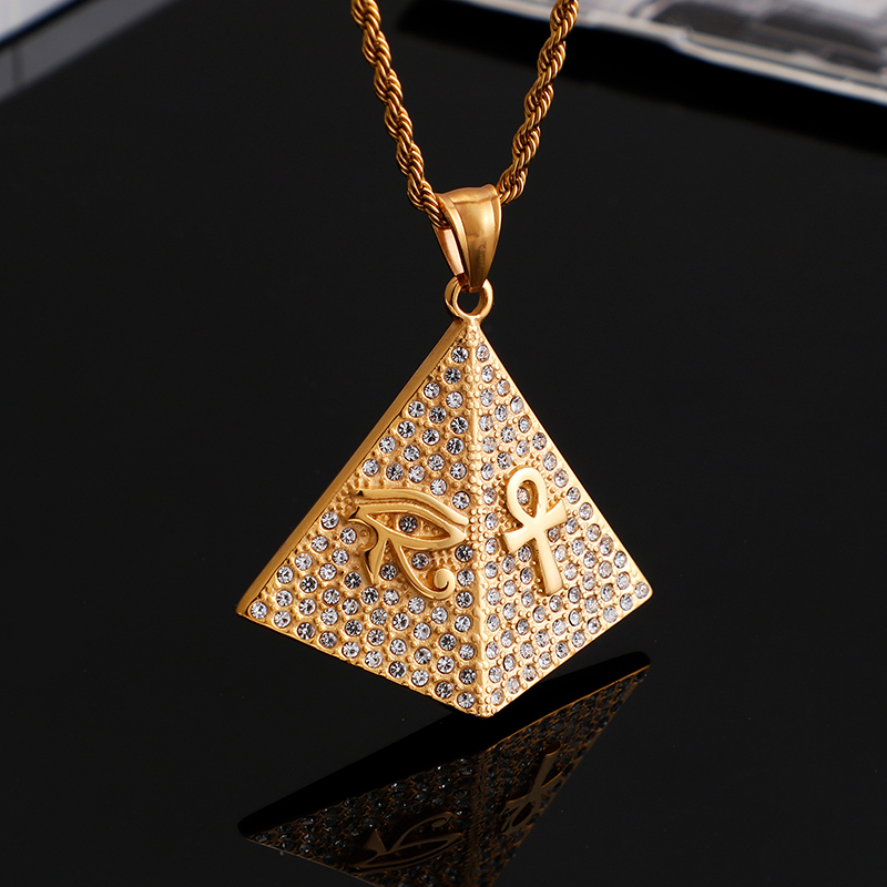 Egyptian Pyramids Cross Pattern Pendants Necklace Hip Hop 316L Stainless Steel 18K Gold Plated Rhinestone Setting Jewelry