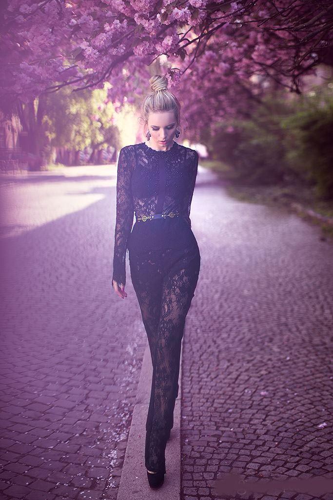 Sexy Black Lace Prom Dresses Long Sleeves Women Jumpsuits Formal Evening Gowns Buttons Back Cocktail Party Dress