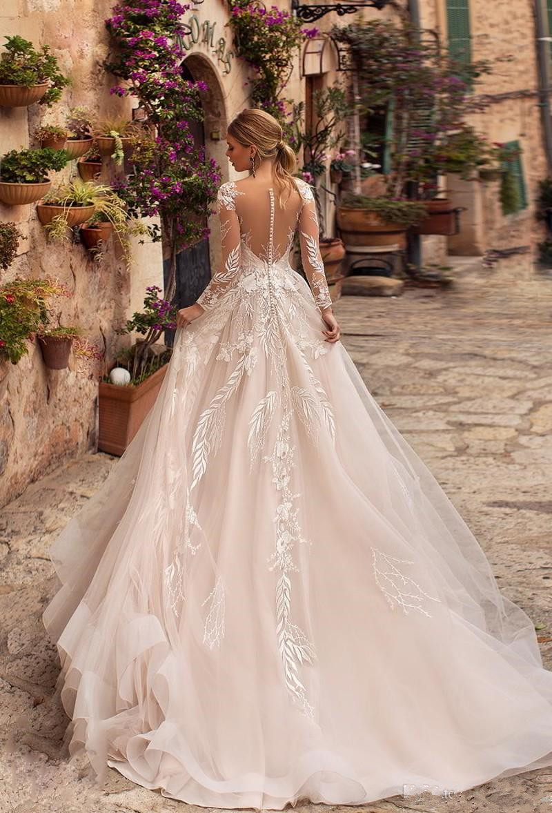 Naviblue 2020 New Wedding Dresses Sheer Neck Long Sleeve Lace Bridal Gowns robe de mariée Middle East Custom Beach Wedding Dress