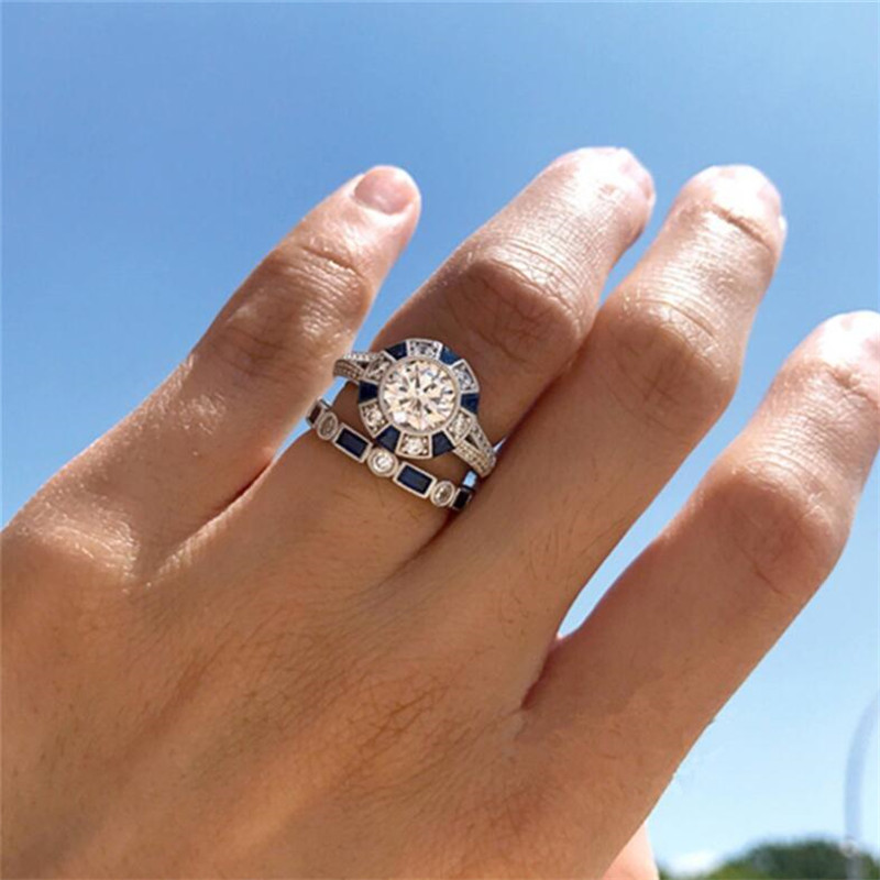 2020 Couple Rings Vintage Fashion Jewelry 925 Sterling Silver Cushion Shape Blue Sapphire CZ Diamond Gemstones Women Wedding Bridal Ring Set