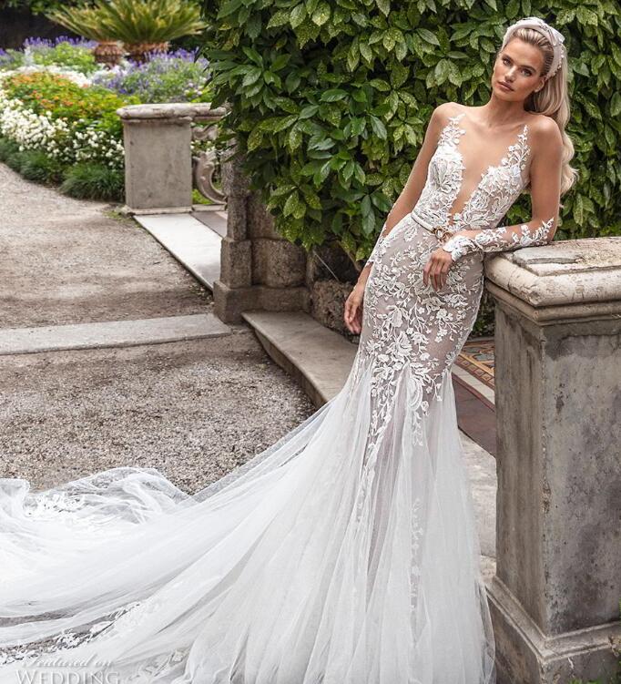 Julie Vino Mermaid Dresses Deep V Neck Sexy Illusion Long Sleeves Beach Wedding Gowns Lace Sequined Backless Vestido De Novia 0505 0505