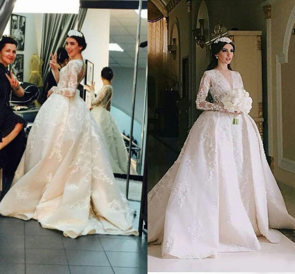 2020 V Neck Lace Appliques Ball Gown Wedding Dresses Long Sleeves Illusion Bodice Beads Tulle Plus Size A Line Bridal Gowns Button Back