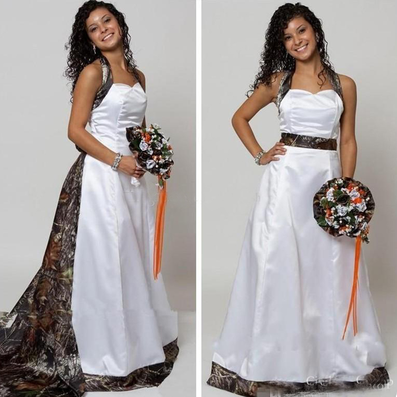New Camo Wedding Dresses With Detachable Halter A Line Sweep Train Sash Bow Country Garden Bridal Gowns Cheap Customized