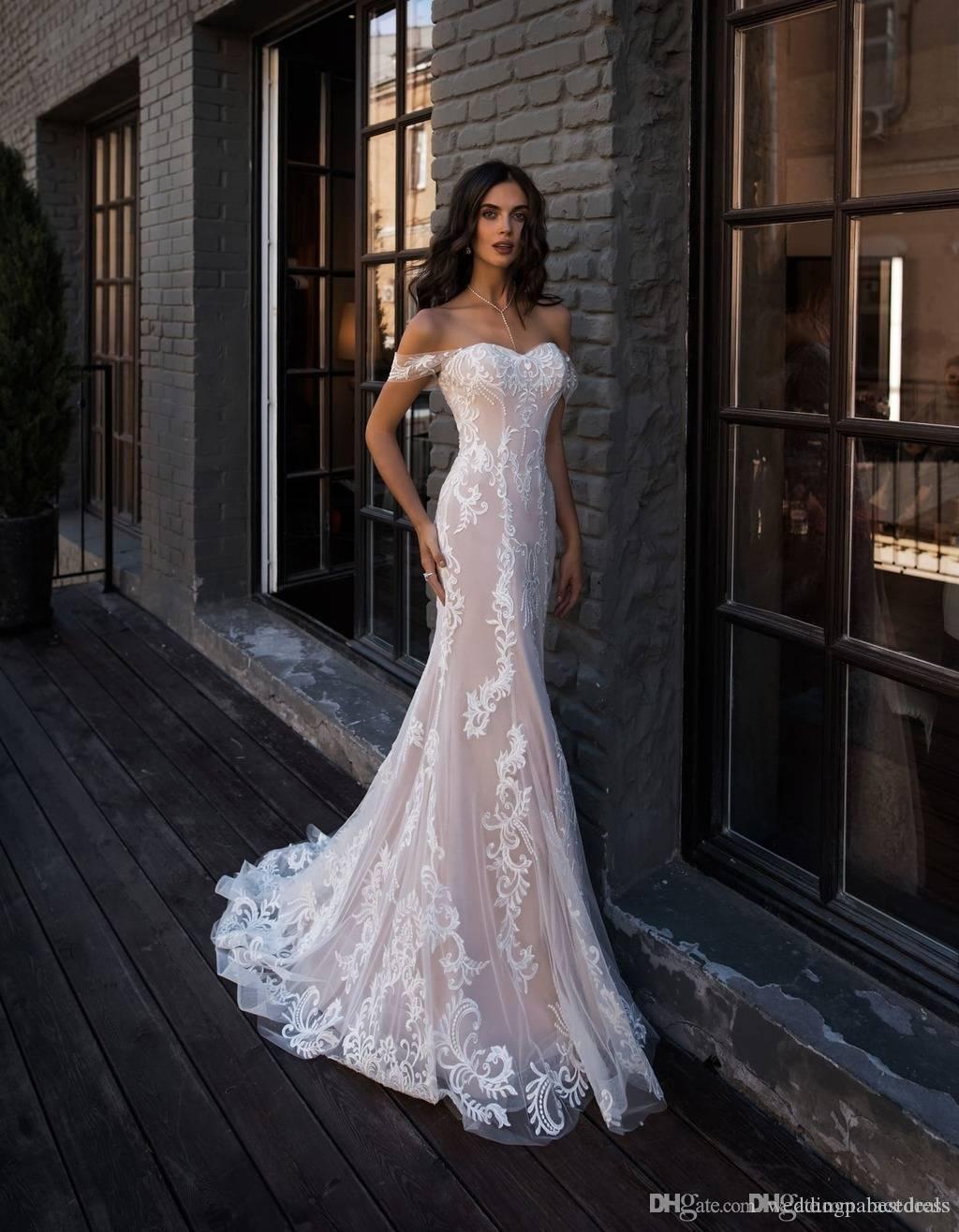 Sexy Amazing Blush Pink Mermaid Dresses Off the Shoulder Floor Length Lace Appliques Wedding Dress Vestidos De Noiva Bridal Gowns