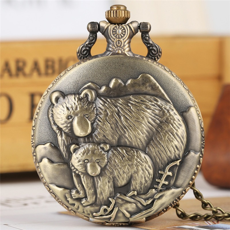 

Bronze Polar Bears Display Quartz Fob Pocket Watch Vintage Pendant Necklace Chain Retro Clock Gifts Kids Men Women