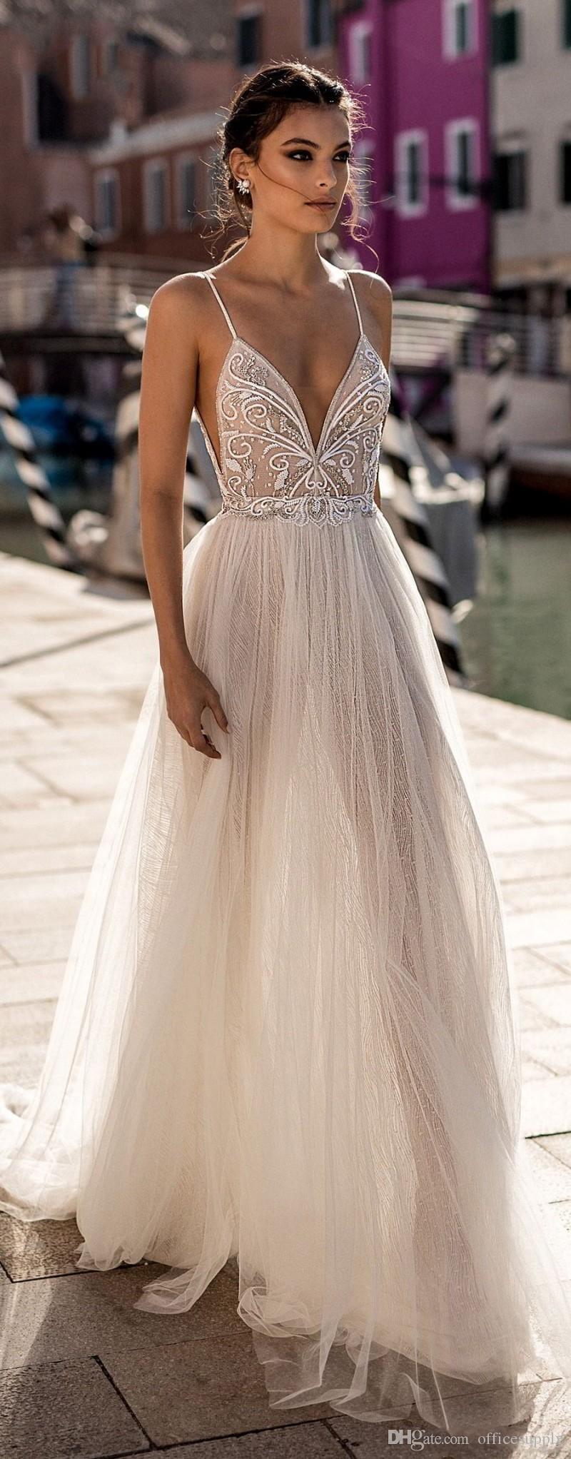 Simple Beach Elegant Sexy Spaghetti Side Split Illusion Boho A-Line Wedding Dresses Pearls Backless Bohemian Bridal Gowns