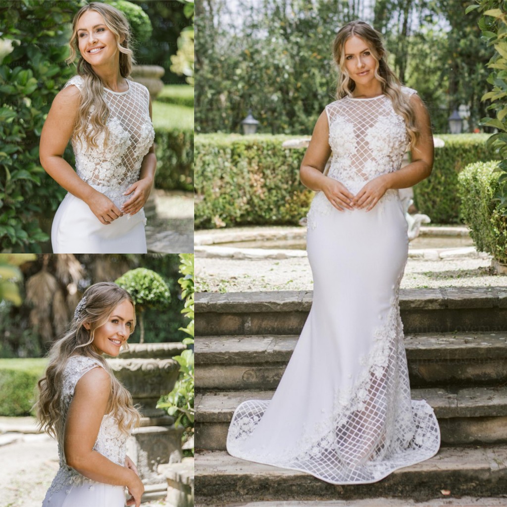 3D Appliqued Fashion Mermaid Wedding Dresses Sheer Bateau Neck Beaded Bridal Gowns Satin Sweep Train Trumpet Robe De Marie