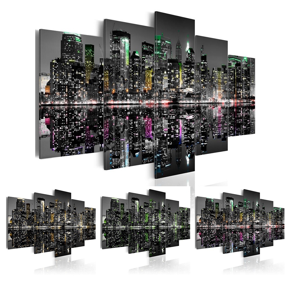 ( No Frame)5PCS/Set Modern Ornament of the Night Building Art Print Frameless Canvas Painting Wall Picture Home Decoration