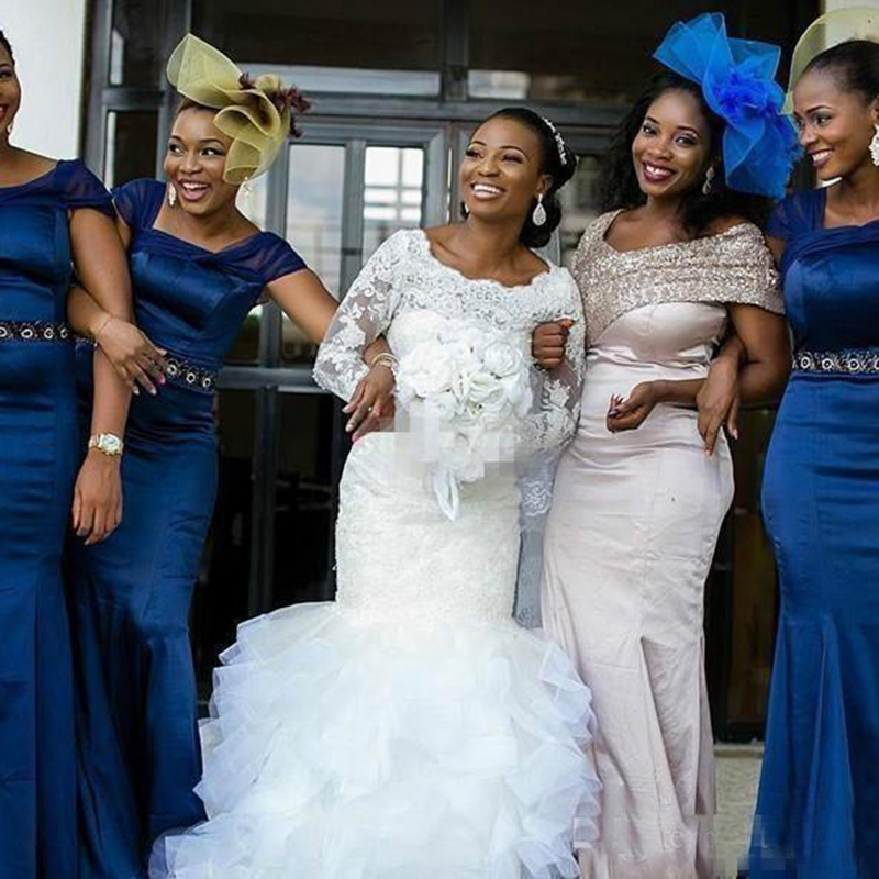 African Mermaid Wedding Dresses Long Sleeves Lace Appliques Beaded Court Train Organza Ruffles Tiered Bridal Gowns