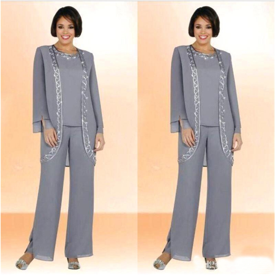Elegant Chiffon Jewel Long Mother Of The Bride Pant Suits With Long Sleeve Jacket Cheap Embroidery Formal Suits Custom Made