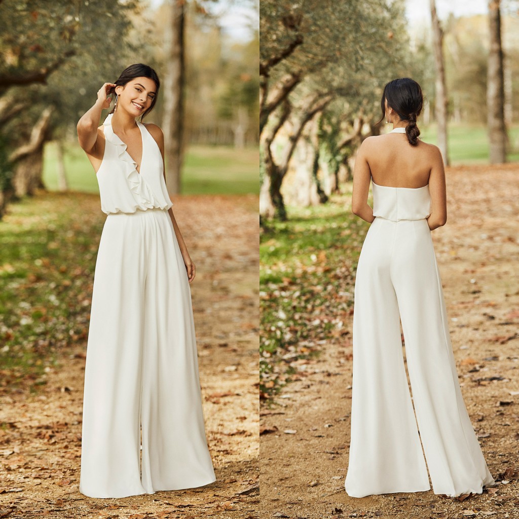 2020 Bohemian Wedding Jumpsuit Halter Chiffon Ankle Length Simple Beach Wedding Dress Custom Made Summer Robes De Mariée
