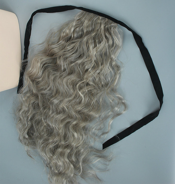 Women gray hair ponytail extension silver grey afro bun or puff curly drawstring human hair ponytails clip in real hair Hot sale