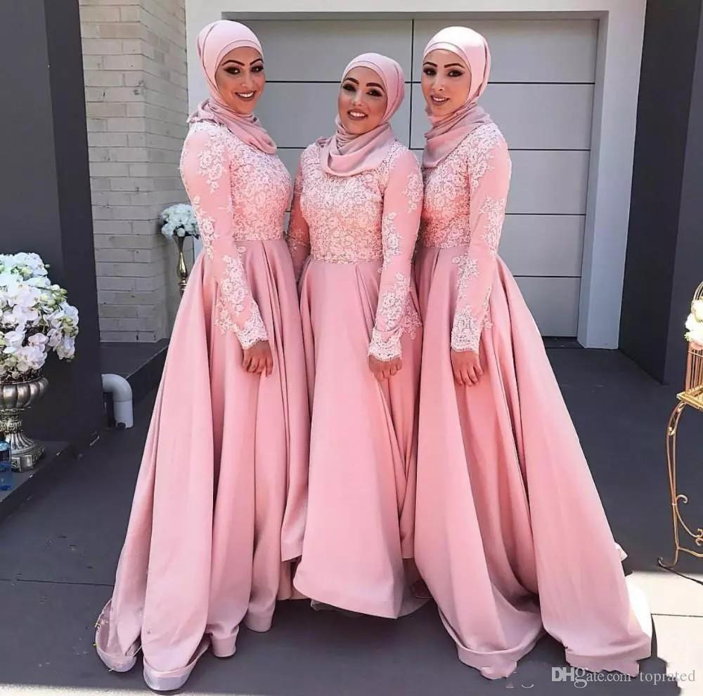 2019 Saudi Arabia Pink Bridesmaid Dresses Appliqued Long Sleeve Muslim Evening Dress Lace A-Line Party Dresses Long Formal Gowns Prom Wear