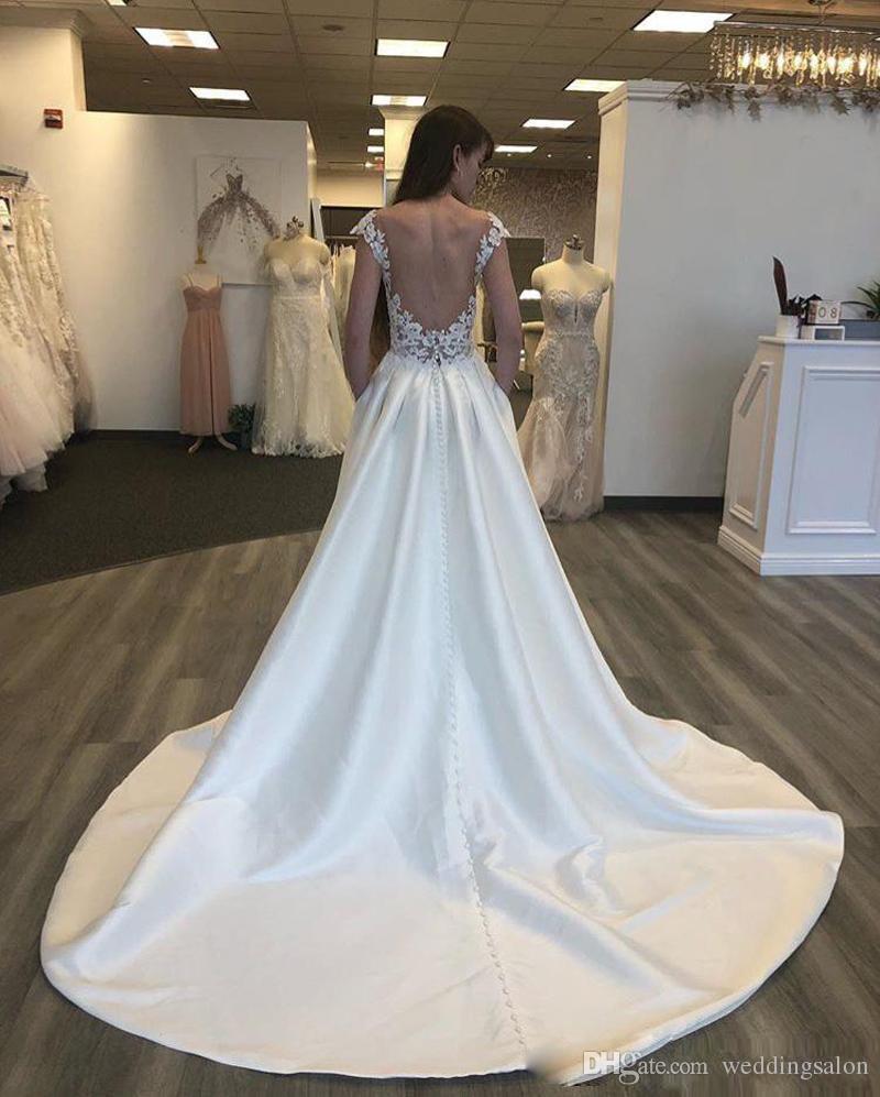 2019 Elegant Satin Beach Wedding Dresses Lace Appliqued Jewel A Line Boho Wedding Dress Sweep Train Vestidos De Novia Country Bridal Gowns