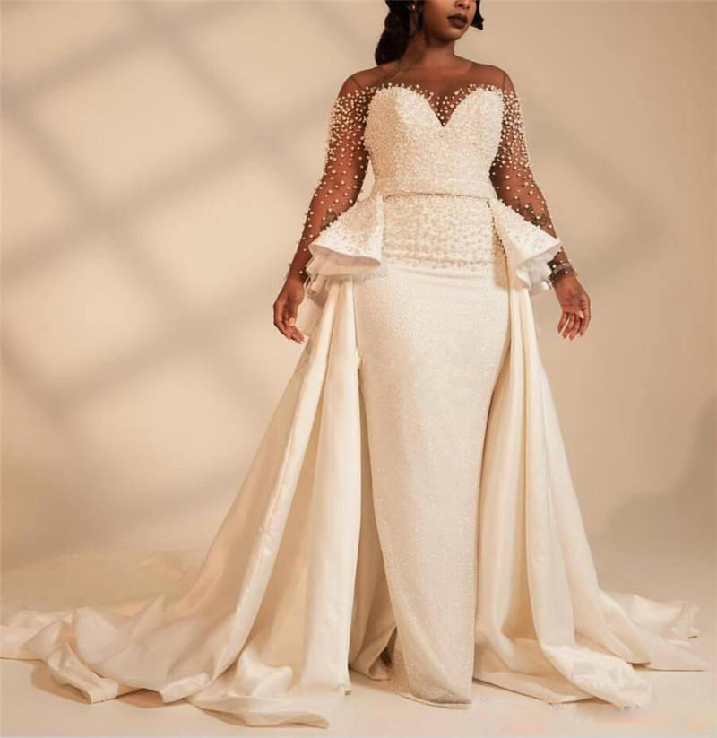 Pearls Overskirt Gorgeous Wedding Dresses Sheer Bateau Neck Long Sleeves Bridal Gowns A Line Sweep Train Sequined Robe De Marie