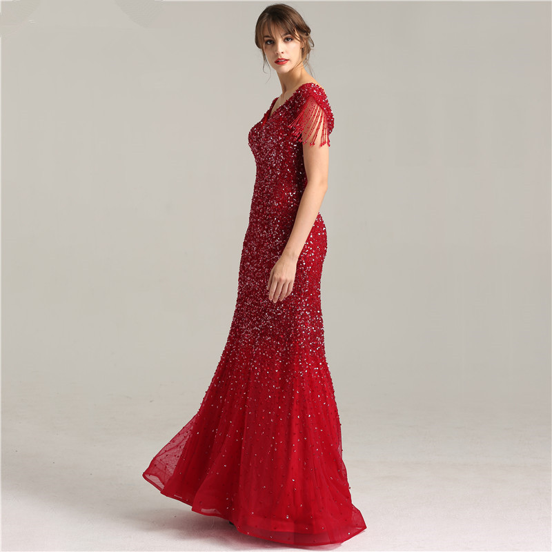 Red Tulle Mermaid Prom Dresses Beads Formal Evening Gowns V Neck Floor Length Sequins Cap Sleeves Party Dress