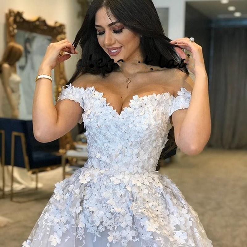 Saudi Arabic Wedding Dresses 3D Floral butterfly Puffy White Pure Lace Up cathedral train Vestido De Noiva Casamento gelinlik Bridal Gowns