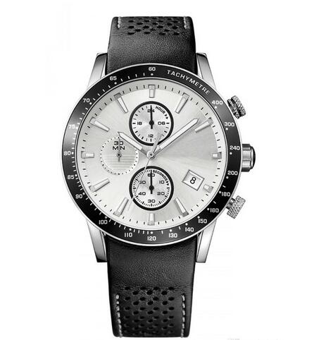new men's watch 1513403 black pinhole leather strap sliver dial quartz chronograph watch for men, Slivery;brown
new men's watch 1513403 black pinhole leather strap sliver dial quartz chronograph watch for men, Slivery;brown