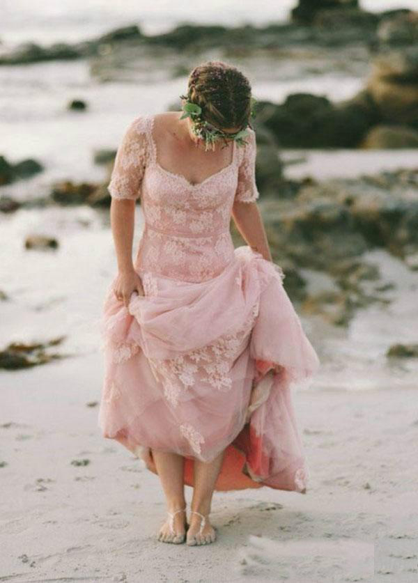 Latest Blush Pink Beach Dresses Lace Garden Bridal Gowns With Sleeve Full Length Backless Boho Vintage Country Wedding Dress 0521