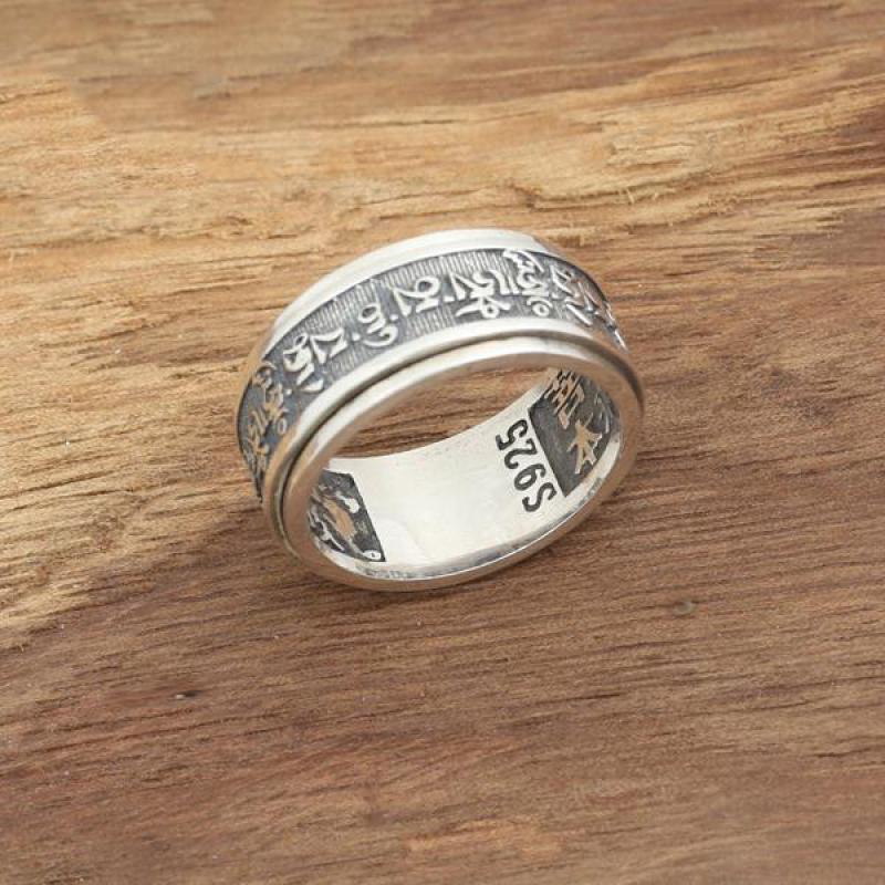 Real 925 Sterling Silver Vintage Rings For Men Rotatable Tibetan Six Words Mantra Rings Om Mani Padme Hum Buddhist Jewelry 201110