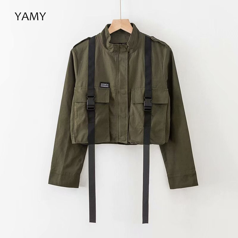 Summer New Womens Buckle Jacket Long Sleeve Army Green Cargo Bomber Jacket Coat Womens Windbreakers Streetwear 2019
