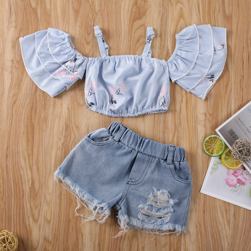 Toddler Baby Kids Girls Clothes Off Shoulder T-shirt Tops+ Denim Skirt Shorts Outfits Baby Clothing Set