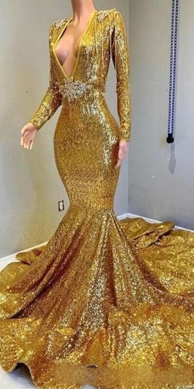 Luxury Gold Sequined Prom Dresses Long Sleeve Deep V Neck Backless Mermaid Evening Gowns Beaded Tassels Cocktail Party Dresses