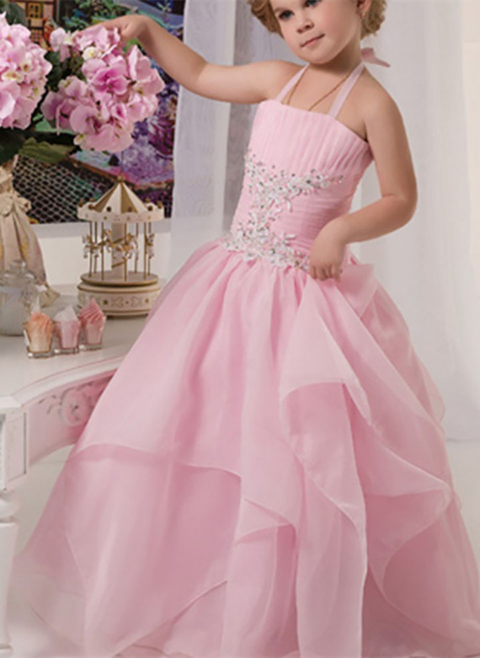 Pink Birthday Party Flower Girl Dress A-Line Beaded Fluffy Applique Tulle Sleeveless Girls Pageant Holy Communion Dresses