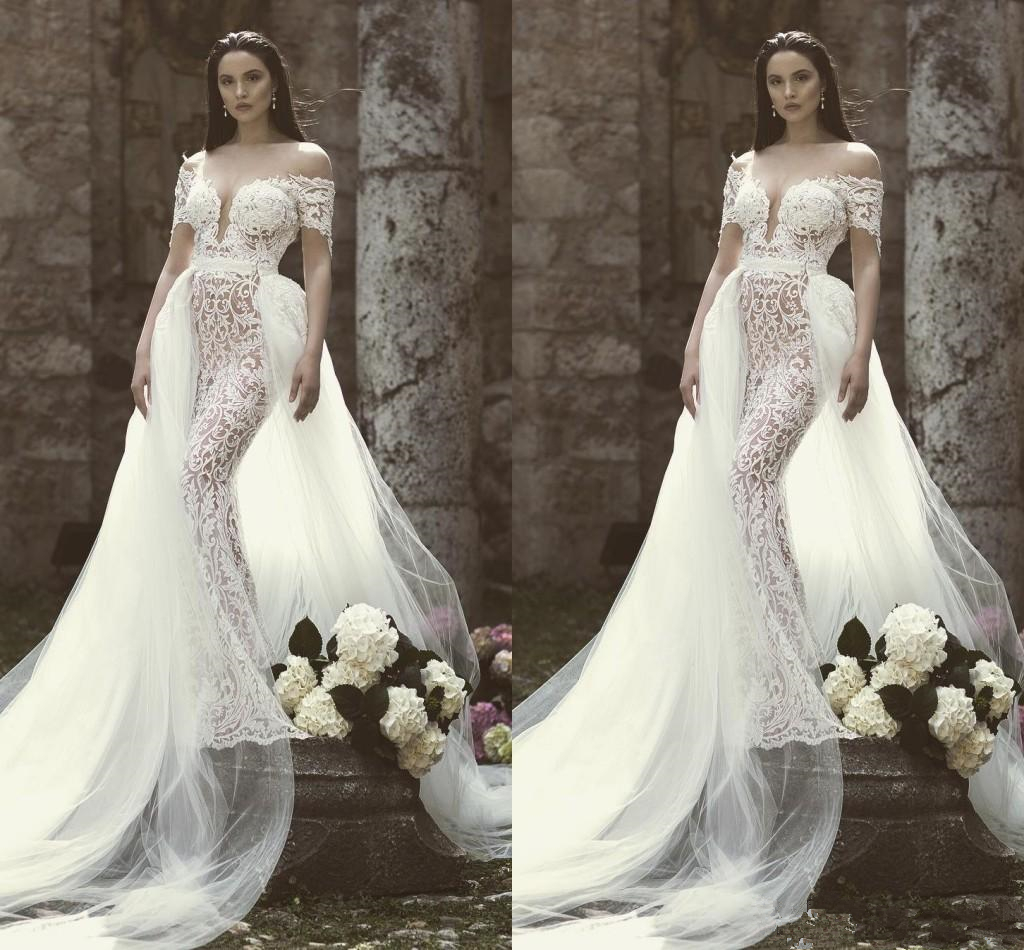 2019 Gorgeous Mermaid Wedding Dresses Off Shoulder Lace Appliques With Detachable Overskirts Plus Size Bridal Gowns Beach robe de mariée