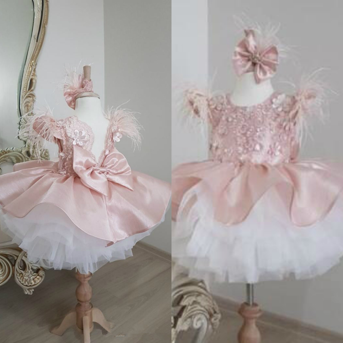 2020 Pink Flower Girl Dresses Cap Sleeves Lace Feather Knee Length Little Girl Wedding Dresses Elegant Child Pageant Dress