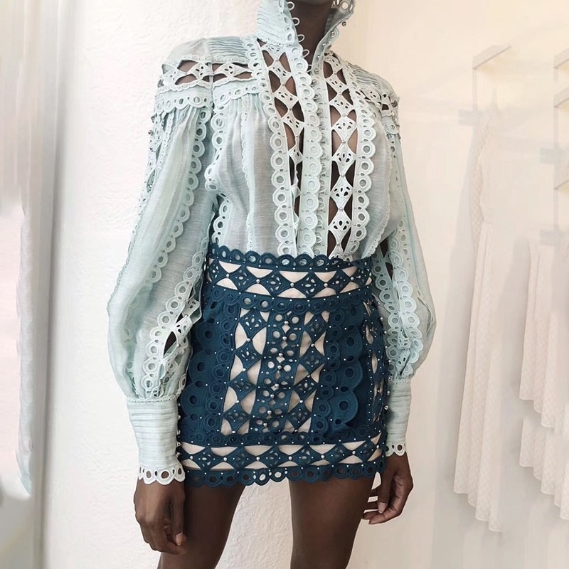 TWOTWINSTYLE Sexy Beading Patchwork Women Blouse Stand Collar Lantern Sleeve Hollow Out Shirt Female Fashion Summer 2019 New V191108