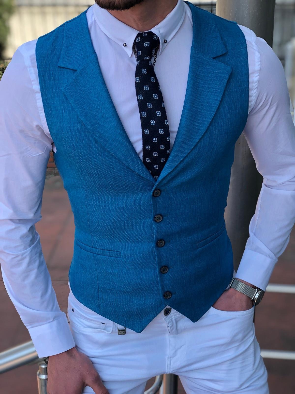 New Groom Wedding Tuxedos Blue Slim Fit Two Button Men Suits Formal Handsome Best Men Wear For Wedding(Jacket+Vest)