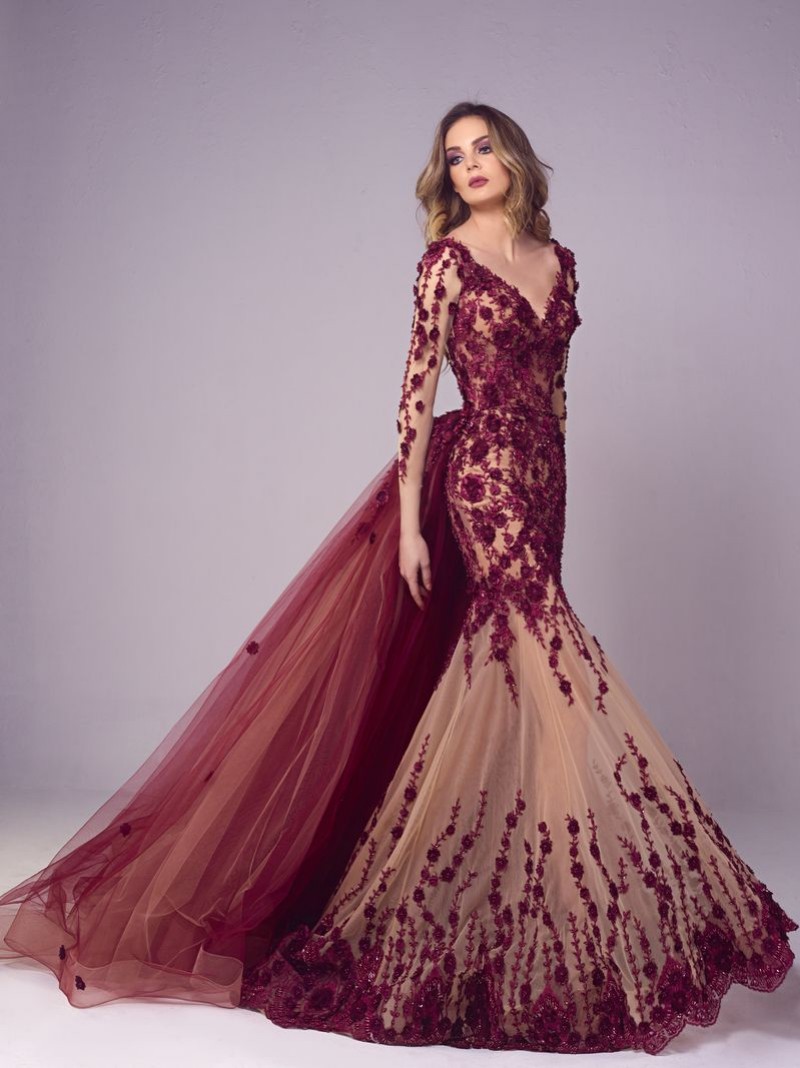 Elegant Long Sleeve Mermaid Evening Dresses with Detachable Train 3D Floral Appliques vestidos de gala Custom Made Prom Gowns