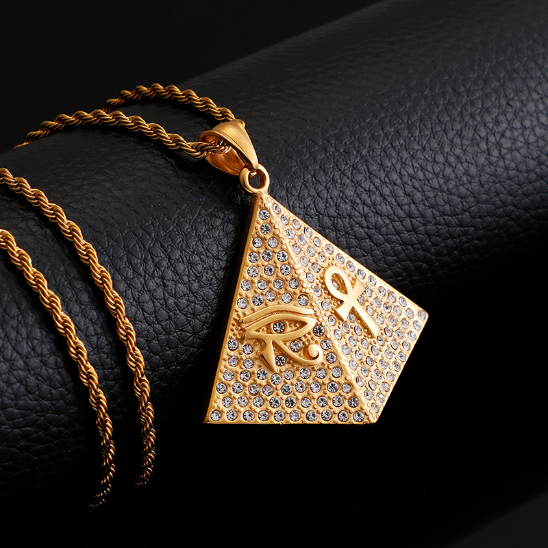 Egyptian Pyramids Cross Pattern Pendants Necklace Hip Hop 316L Stainless Steel 18K Gold Plated Rhinestone Setting Jewelry
