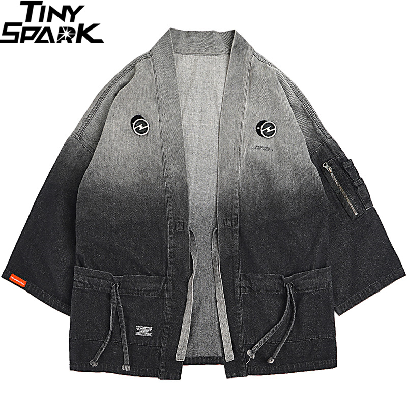 Japanese Kimono Jacket Gradient Color Hip Hop Men Denim Jacket Streetwear Harajuku Japan Style Cardigan Jean Vintage